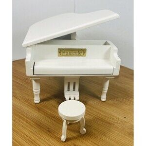 White Piano Music Box with Bench and Black Case Musical Boxes Gift for Christmas